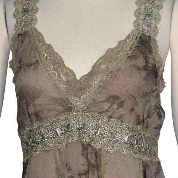 Vintage Y2k Charlotte Russe Silk Woodland Fairy Fairycore Hanky Hem Cami Top L - Picture 2 of 7